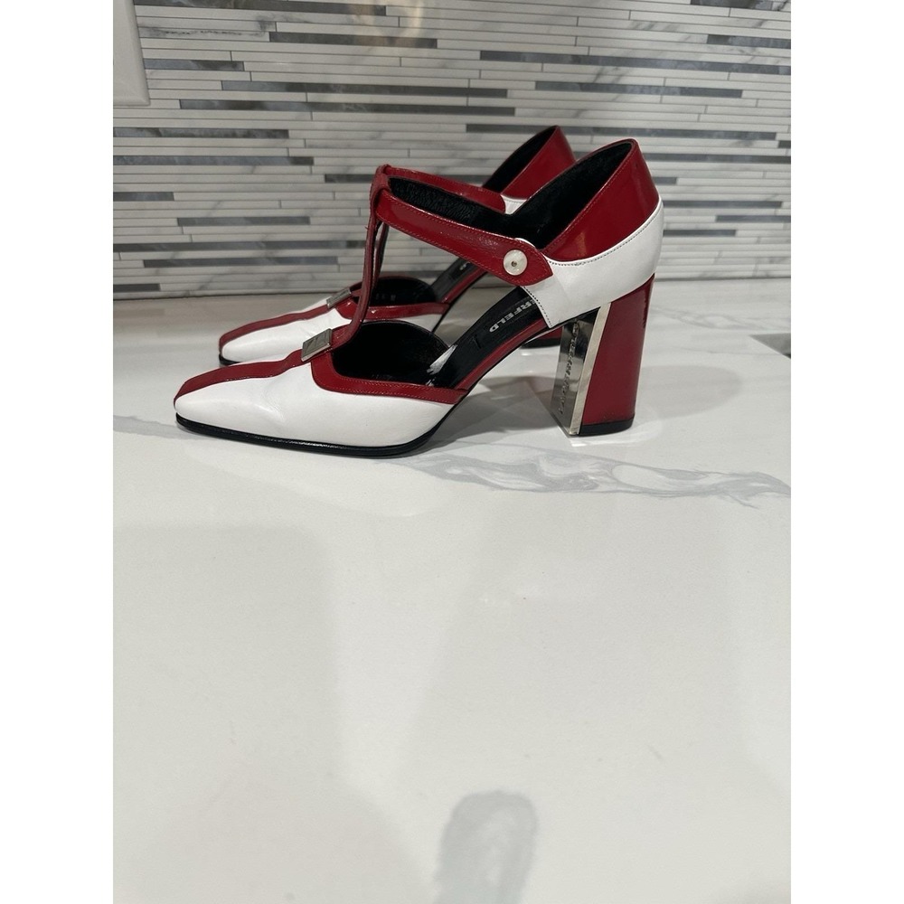 Karl Lagerfeld Red & White‎ T-Strap Heels Square Toe Block Heel Designer Shoes